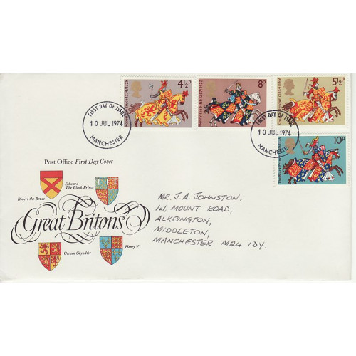 1974-07-10 Great Britons Stamps Manchester FDC (01004)