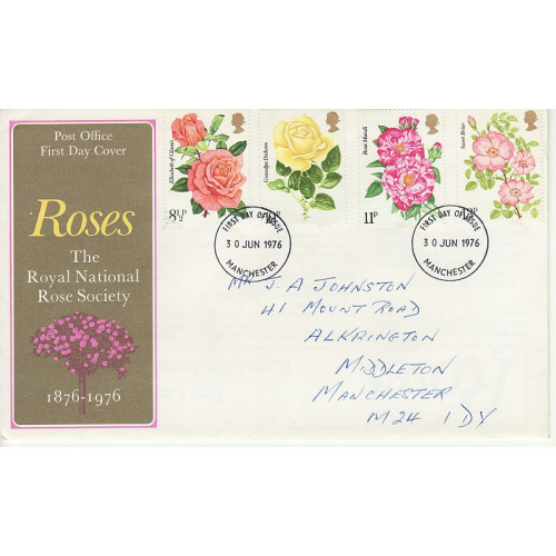 1976-06-30 Roses Stamps Manchester FDC (01012)