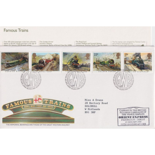 1985-01-22 Famous Trains Stamps Bureau Carried FDC (91788)