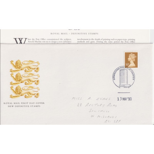 1990-03-13 50p Sand Shade Definitive Birmingham FDC (91885)