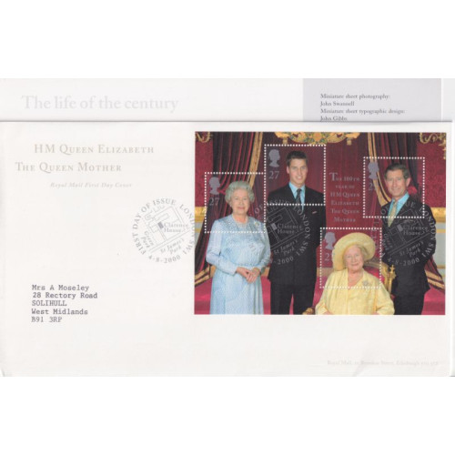 2000-08-04 Queen Mother M/S London SW1 FDC (91924) 2000-08-04 Queen Mother M/S London SW1 FDC (91924)