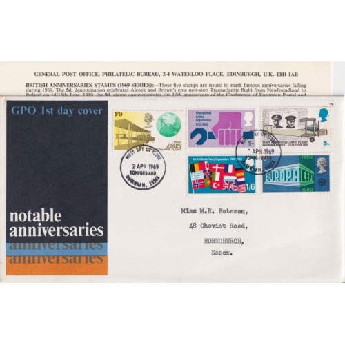 1969-04-02 Anniversaries Stamps Romford FDC (91951)